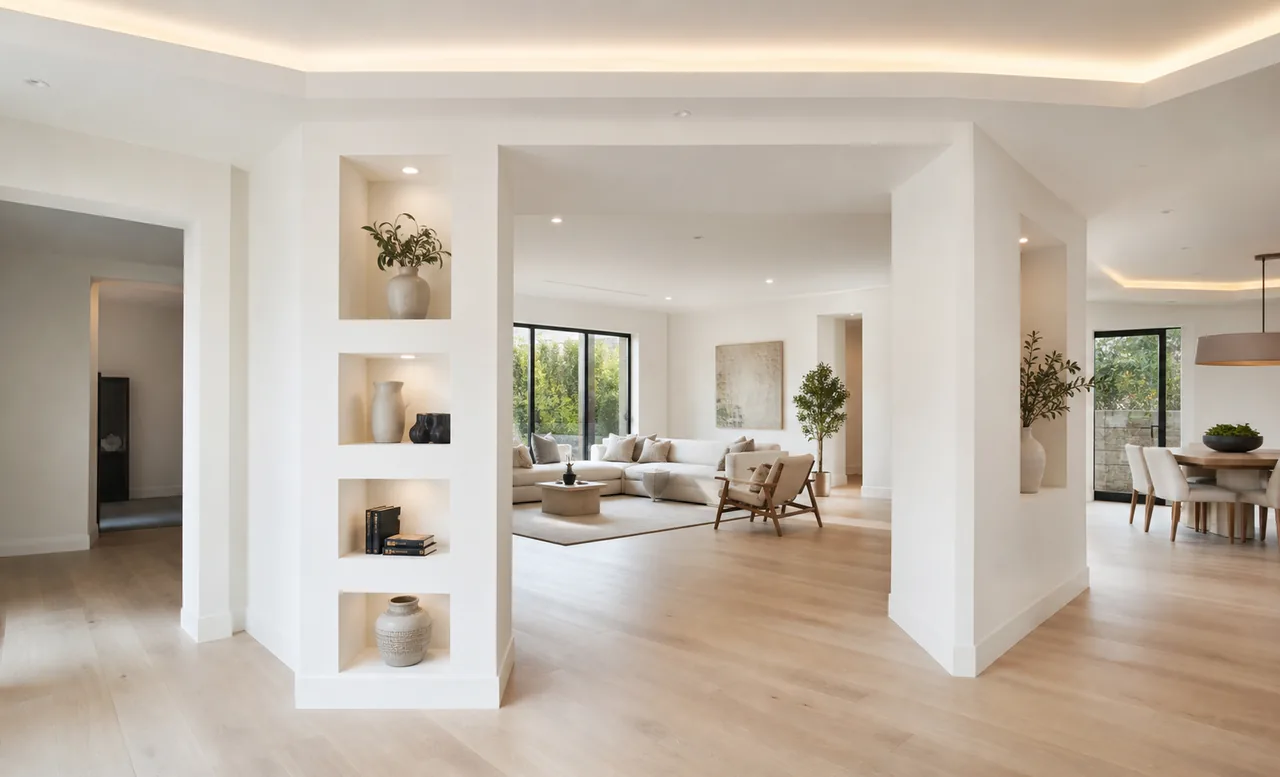 Ambiente residencial claro com divisórias, nichos e forro de drywall