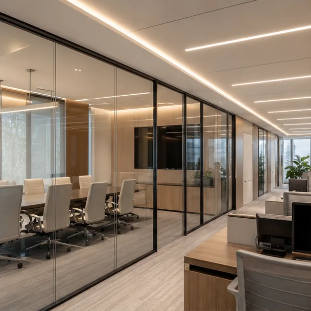 Escritório corporativo moderno com forro iluminado e divisórias de vidro