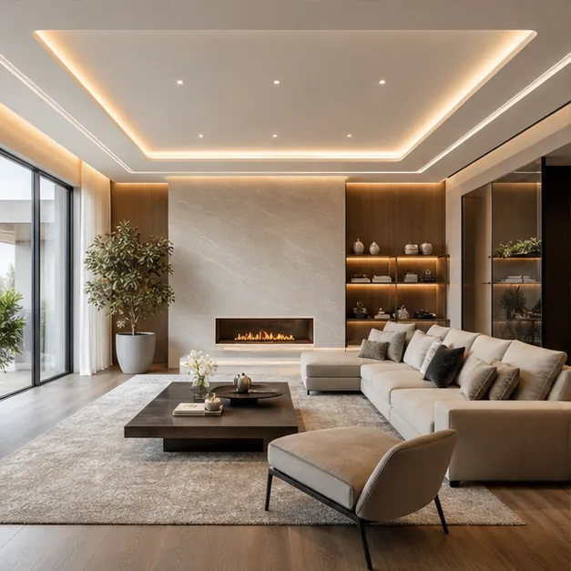 Sala contemporânea com sanca iluminada e acabamento de alto padrão